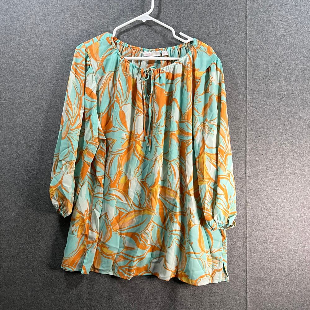 Belle by Kim Gravel Tropical Pop Balloon 3/4 Sleeve Blouse Light Aqua, Size 1X